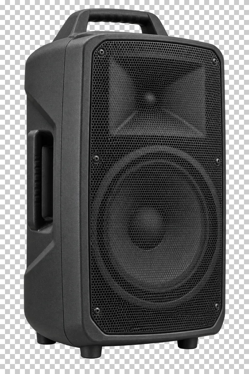 Portable PA speaker with a dark cabinet, protective grille, integrated handle and visible speaker components.