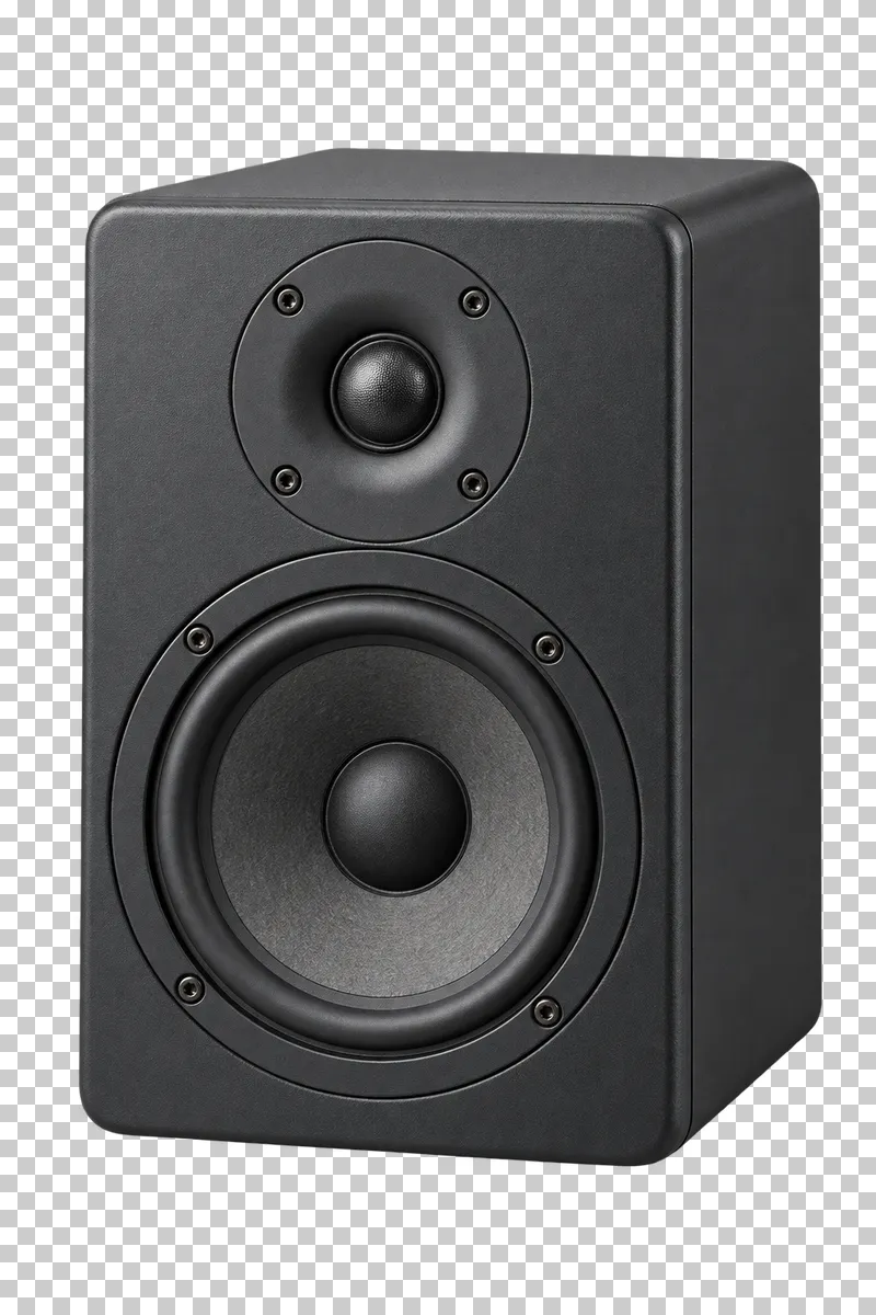 Studio monitor speaker with a tweeter, woofer, bass port and dark rectangular cabinet.