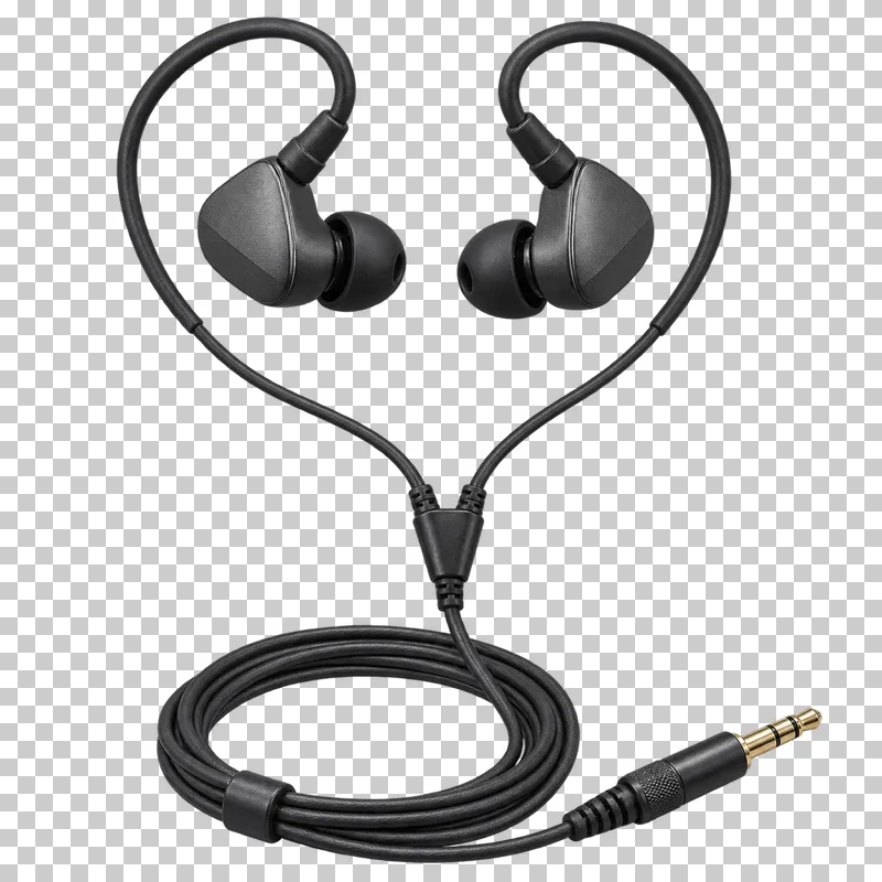 Pair of wired IEM earphones with two earpieces, ear loops, a Y junction and a coiled cable ending in one TRS plug.