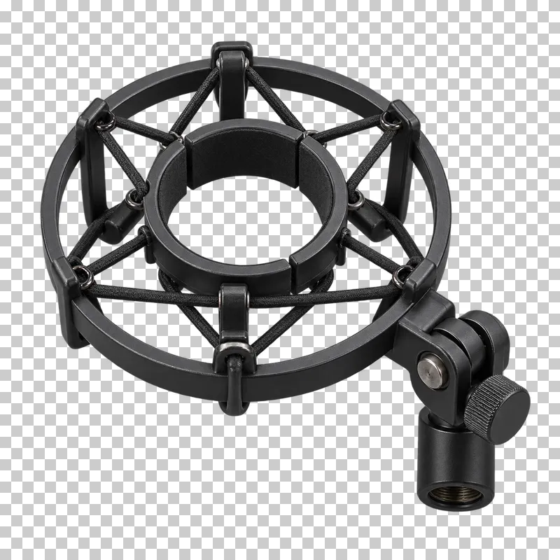 Empty microphone shock mount with inner and outer rings, anchored elastic cords and an adjustable side mount.