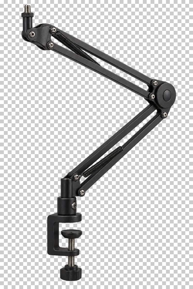 Desktop microphone boom arm with connected articulated segments, springs, a mounting stud and a screw clamp.