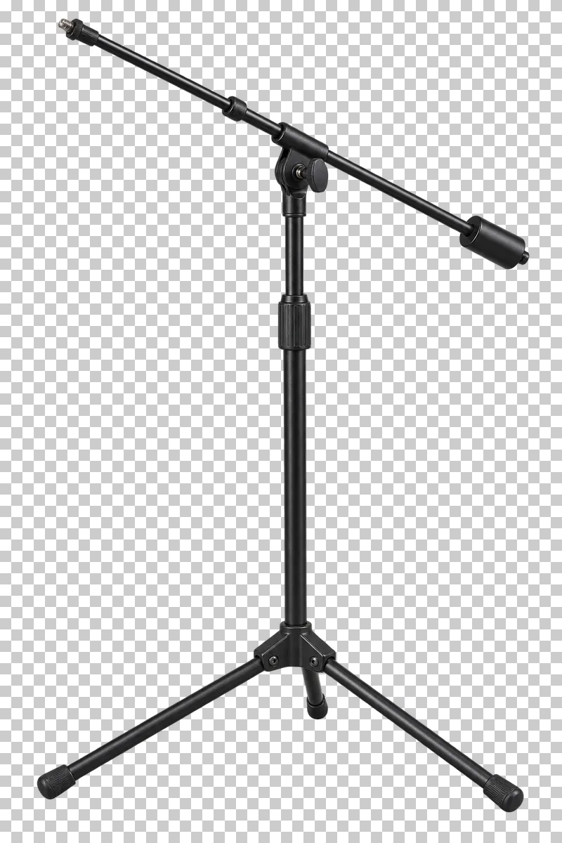 Floor microphone stand with a tripod base, adjustable stem, pivoting boom and counterweight, without a microphone.