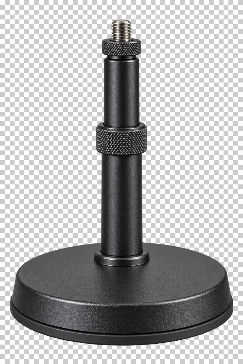 Short tabletop microphone stand with a weighted base, upright stem and exposed threaded mounting stud.