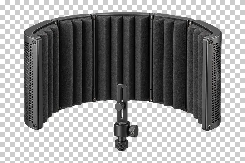 Portable microphone isolation shield with acoustic foam panels, hinges and a mounting rail, without a microphone.