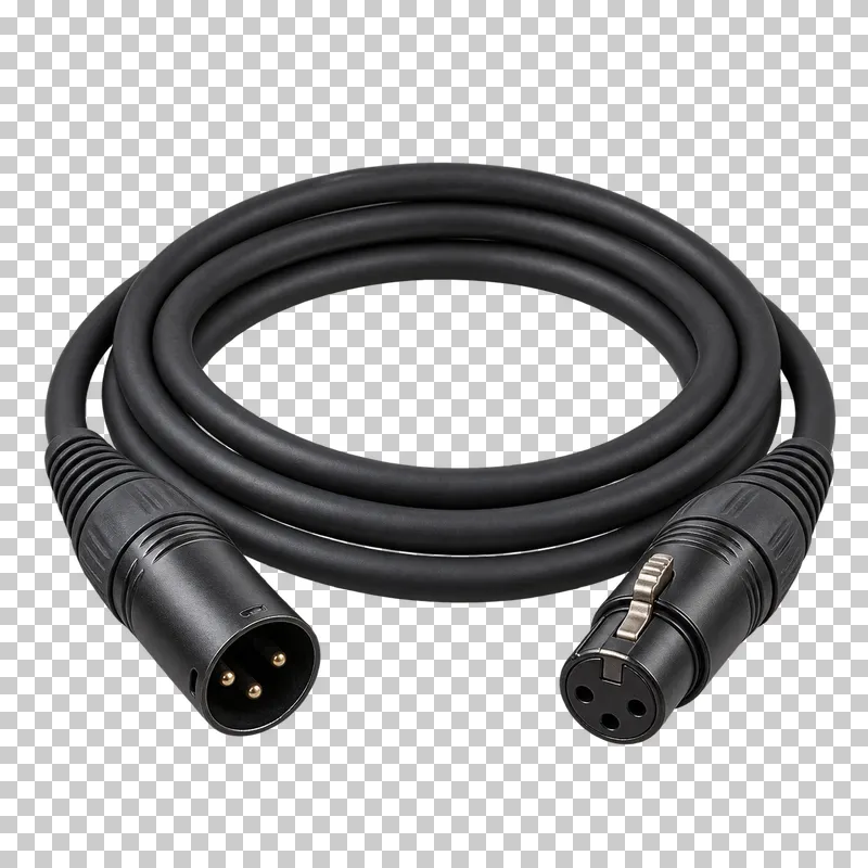 Coiled black XLR cable with one male three-pin connector and one female three-socket connector.