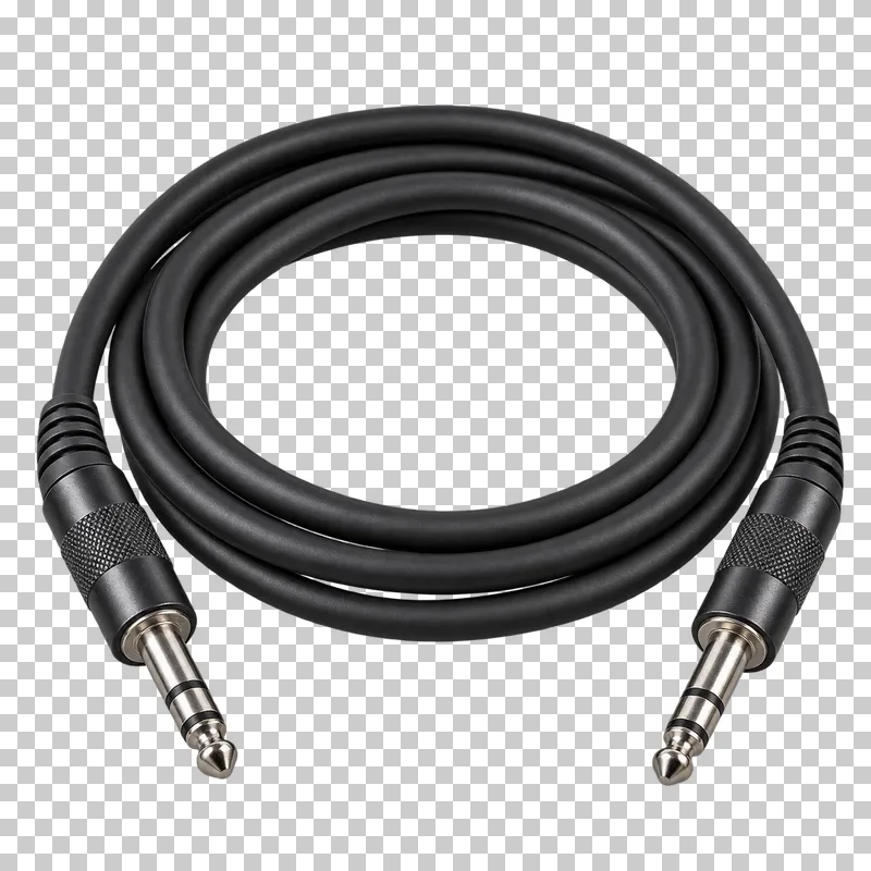 Coiled black TRS jack cable with two complete metal plugs, each with two insulating bands.