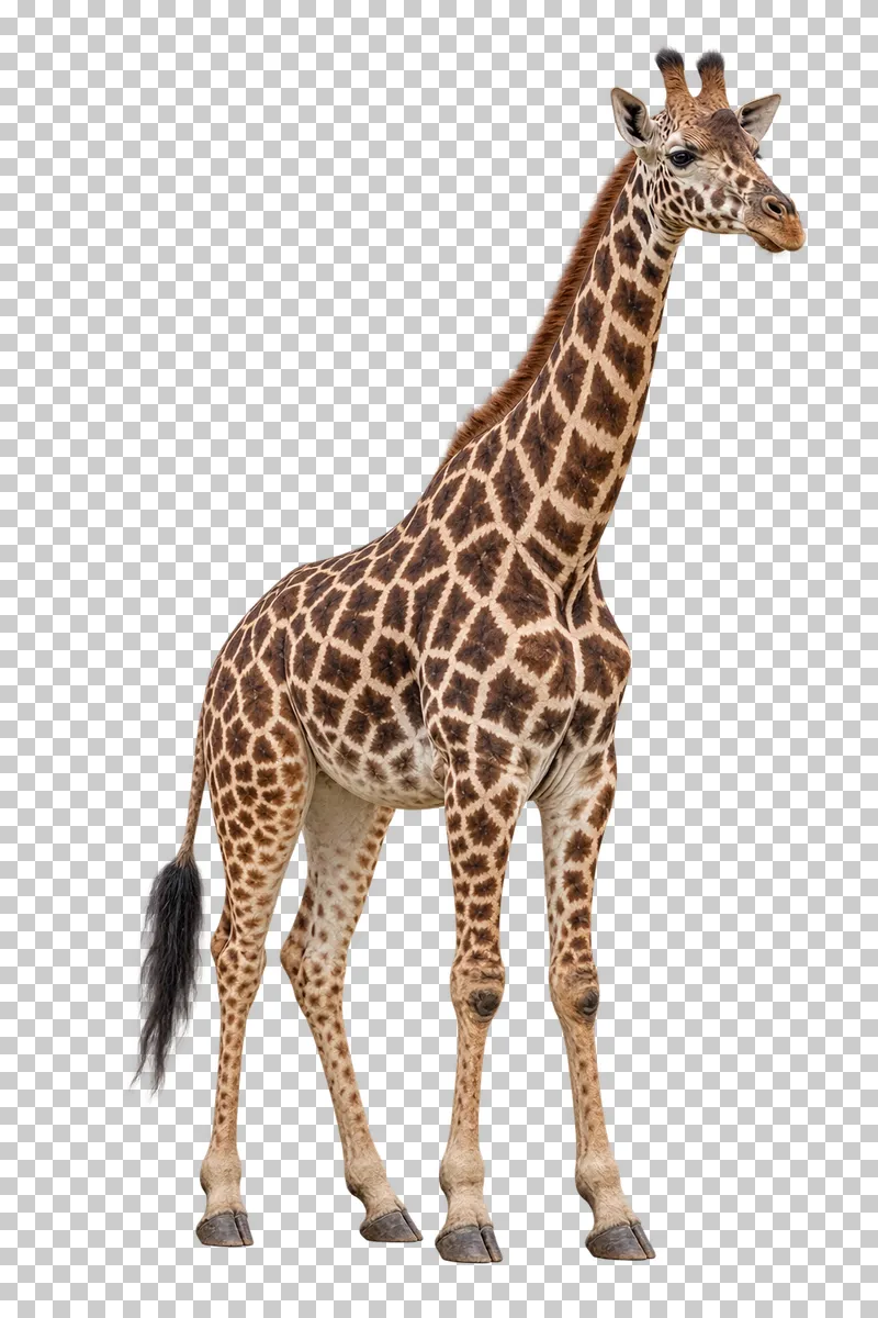 A photorealistic masai giraffe. Standing calmly facing right at a slight front three-quarter angle, neck upright and tail visible.