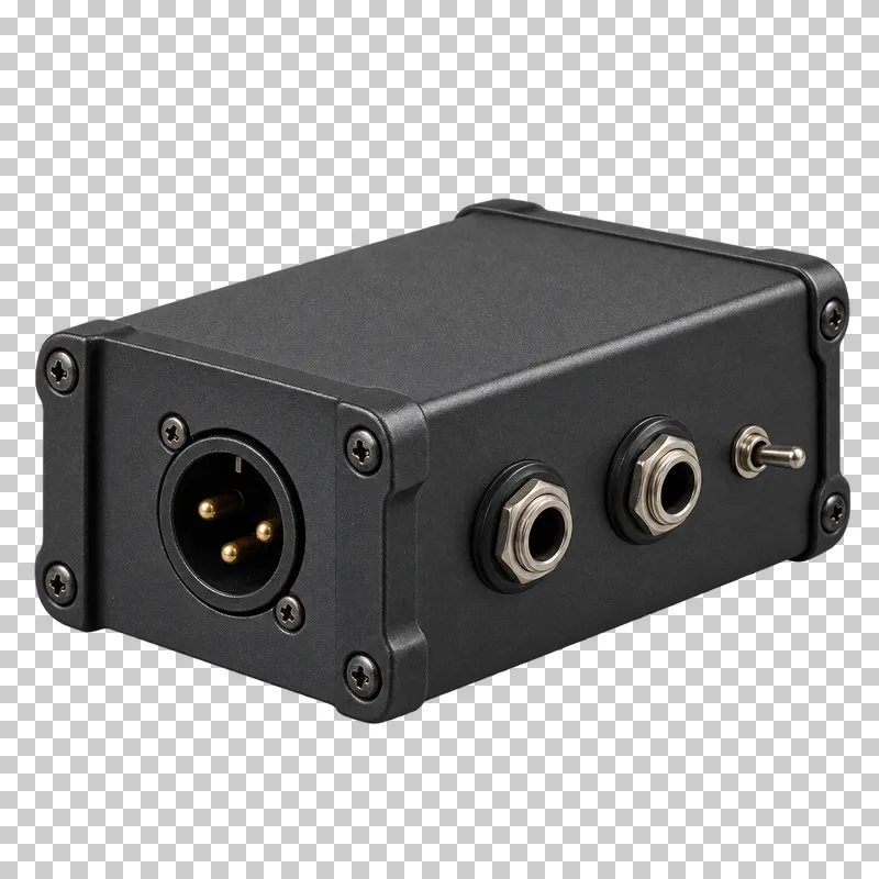 DI box with a dark metal enclosure, a three-pin XLR connector and jack sockets.