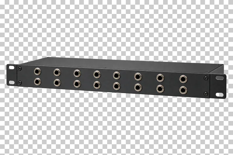 Rack patchbay with two rows of eight jack sockets, a dark front panel and complete rack ears.