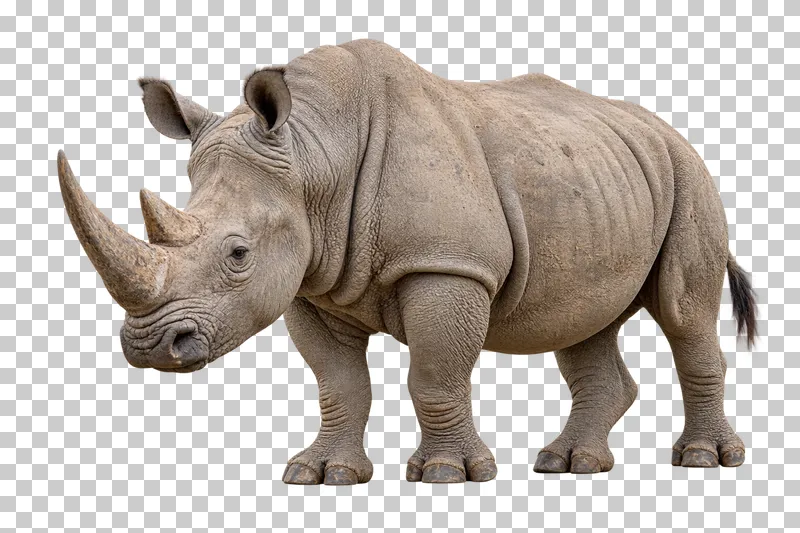 A photorealistic white rhinoceros. Standing facing left at a slight front three-quarter angle, head low, both horns and all feet visible.
