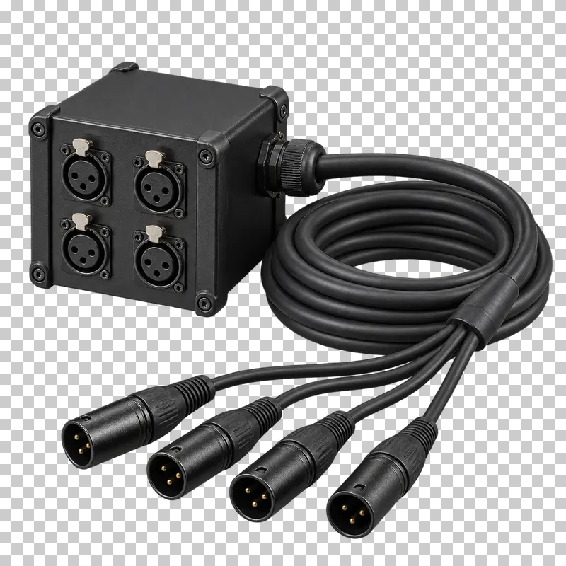 Four-input stagebox with a continuous coiled trunk cable and four male XLR connectors at the fanout.