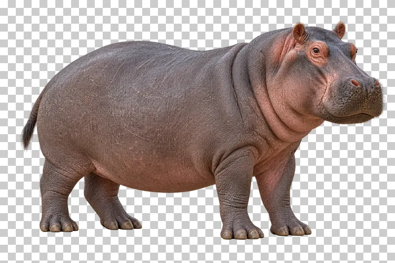 A photorealistic hippopotamus. Standing calmly in near-profile facing right, mouth closed and short tail visible.