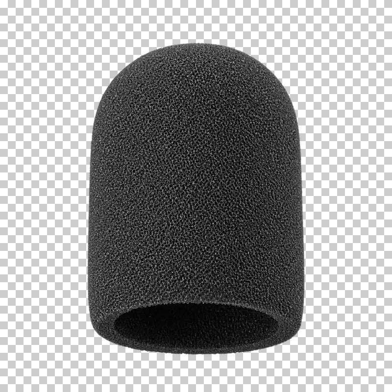 Black foam microphone windscreen with a hollow opening and fine porous texture, without a microphone.