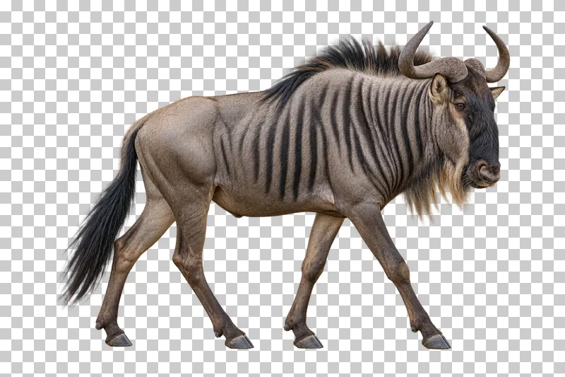 A photorealistic blue wildebeest. Walking slowly in profile to the right, mane, curved horns and long tail visible.