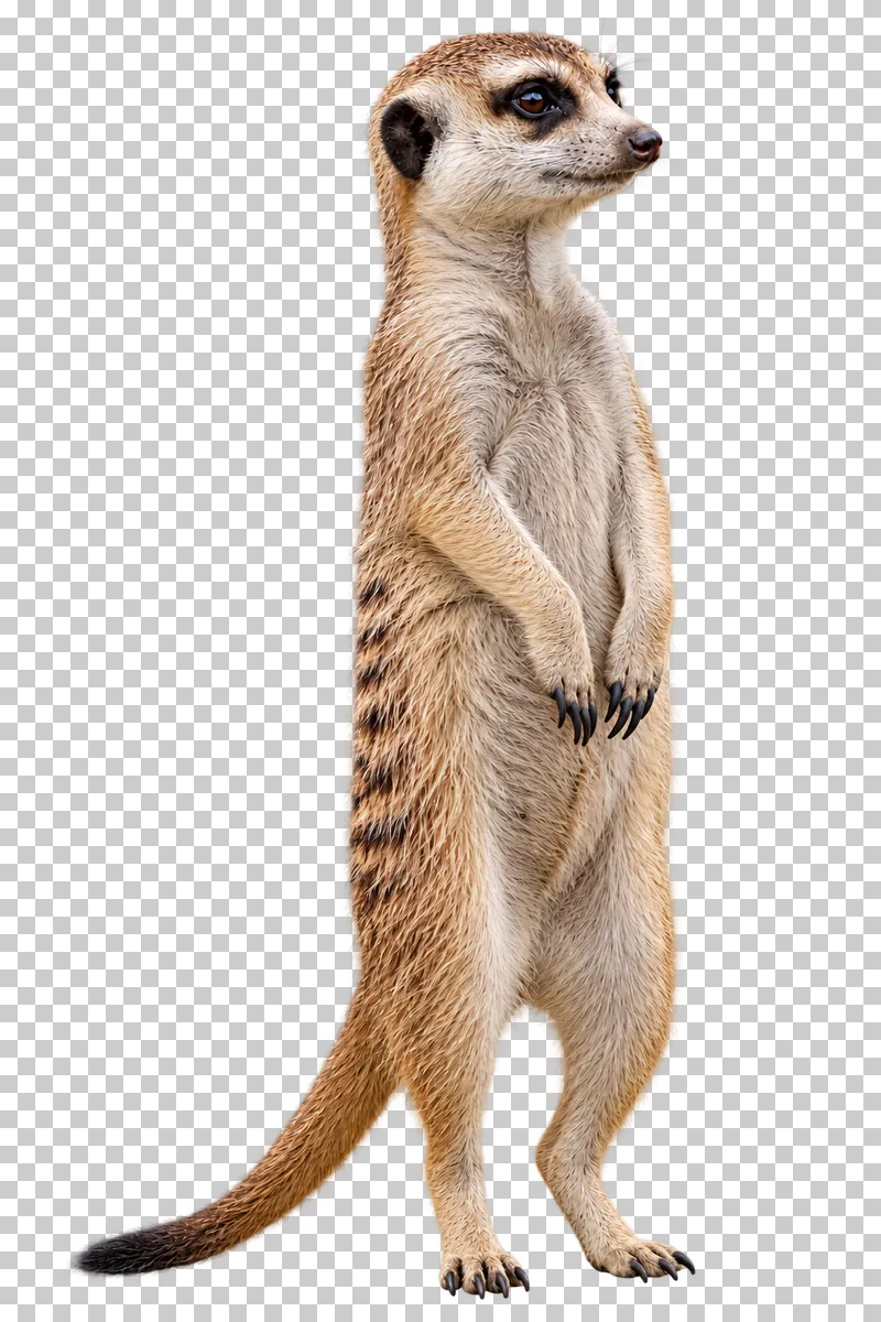 A photorealistic meerkat. Standing upright on the hind feet, forepaws relaxed against the chest, looking gently to the right with the tail visible.