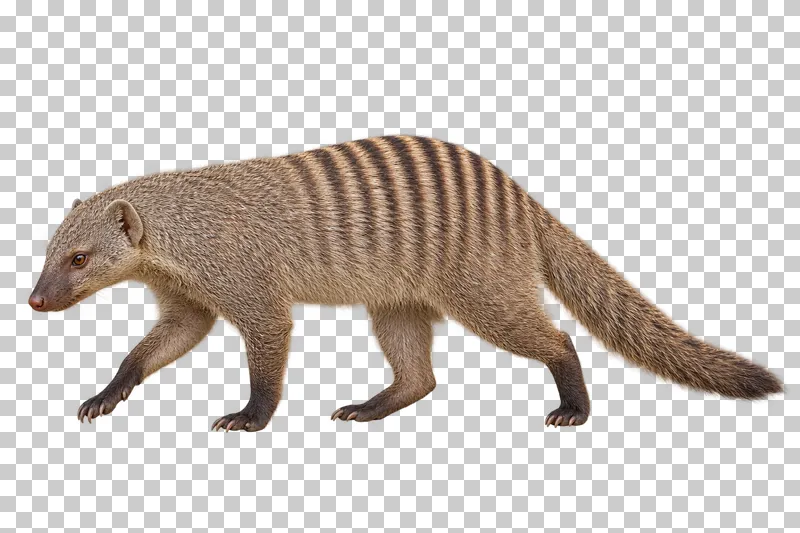 A photorealistic banded mongoose. Walking slowly in profile to the left, nose slightly lowered and long tail extended naturally behind.