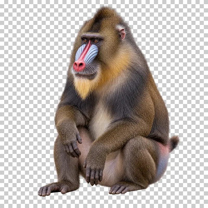 A photorealistic mandrill. Sitting calmly at a slight front three-quarter angle facing left, mouth closed, hands relaxed, feet and short tail visible.