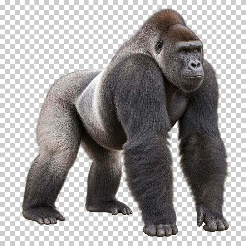 A photorealistic western lowland gorilla. Standing calmly supported on the knuckles at a front three-quarter angle facing right, mouth closed and all four limbs visible.