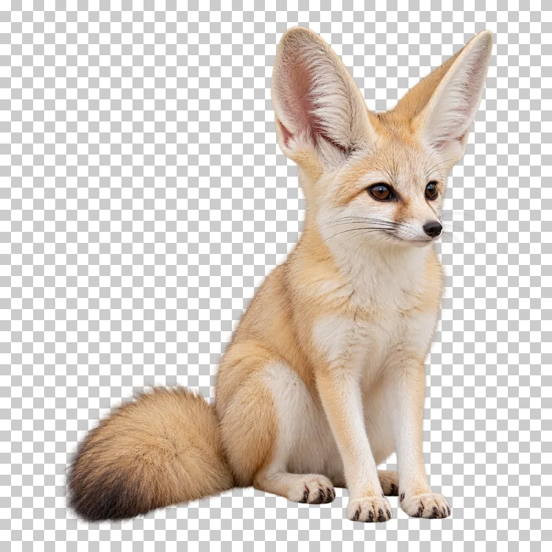 A photorealistic fennec fox. Sitting calmly at a slight front three-quarter angle facing right, ears upright and full bushy tail resting beside the body.
