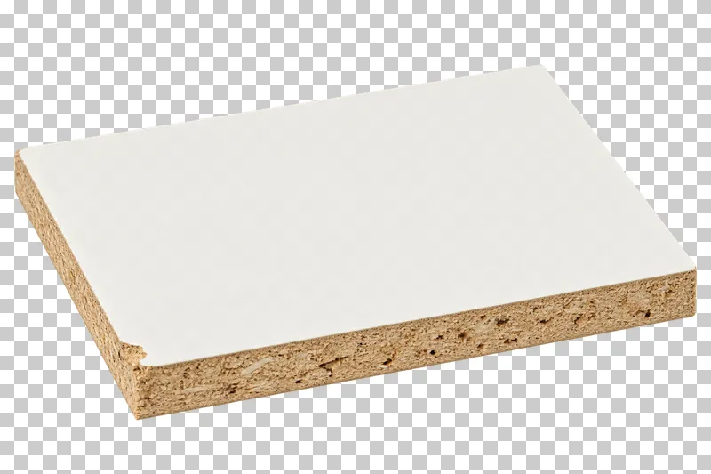 An isolated laminated particleboard offcut sample with visible material texture and edges.