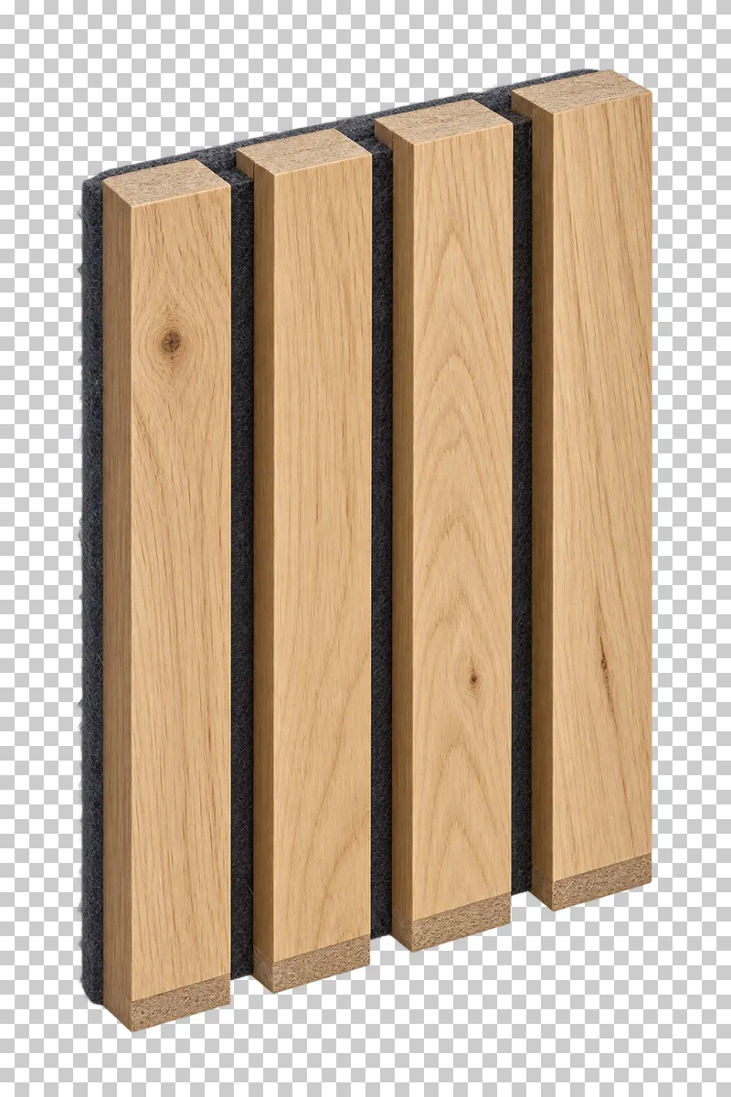 An isolated wood slat panel offcut sample with visible material texture and edges.
