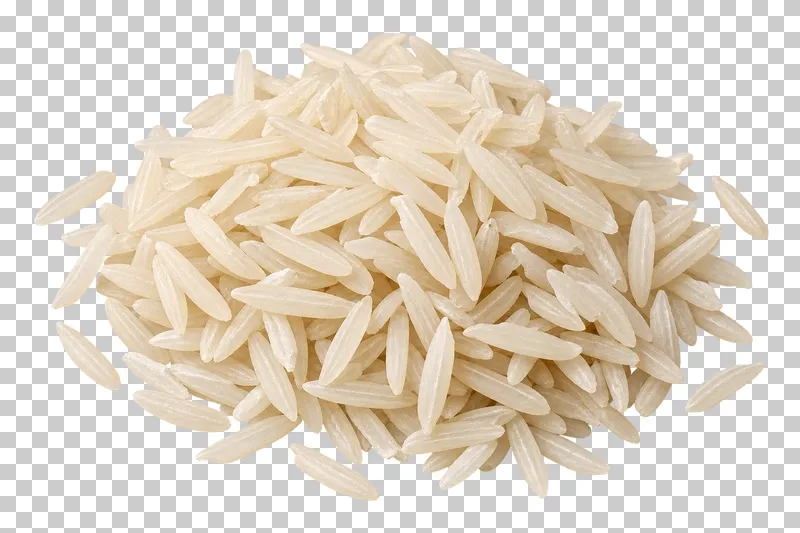 A small mound of long-grain rice with slender ivory grains and a few loose grains at the edge.