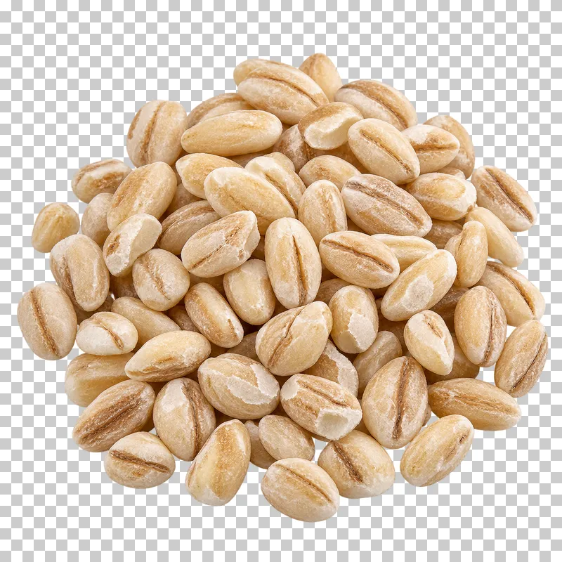 A small mound of pearl barley with pale rounded grains and shallow lengthwise grooves.