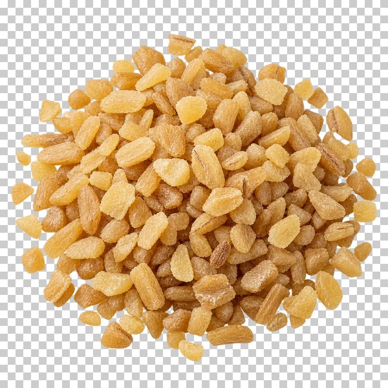A small mound of bulgur with irregular coarse golden pieces of cracked wheat.