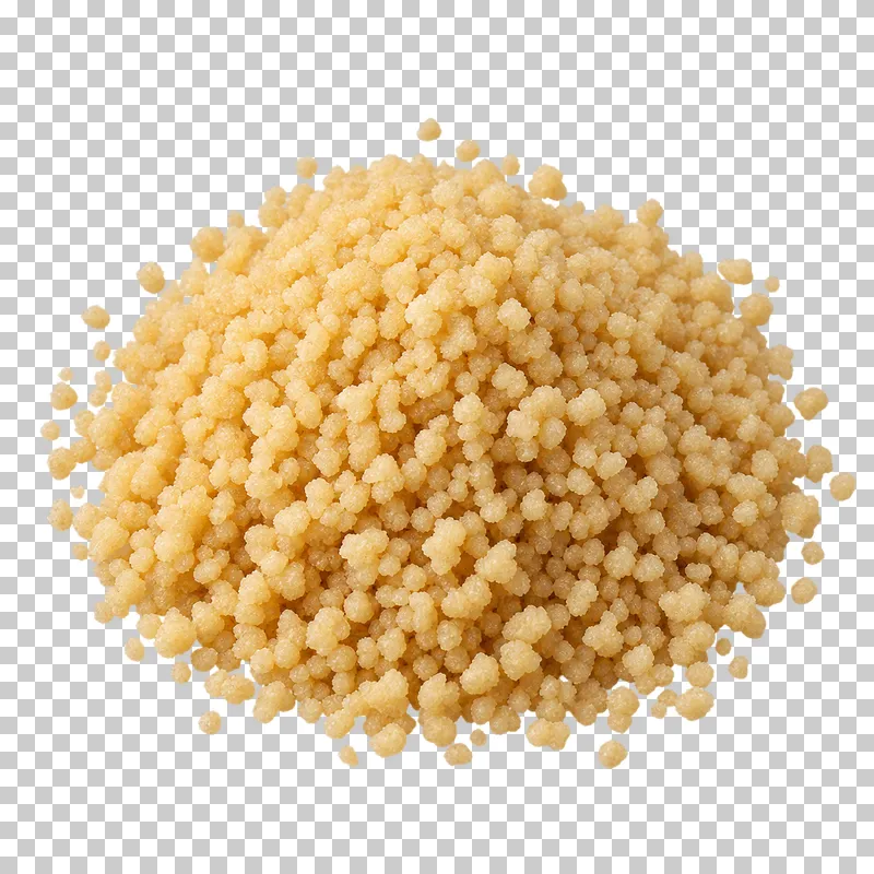 A small mound of couscous with fine golden semolina granules and a few granules around the edge.