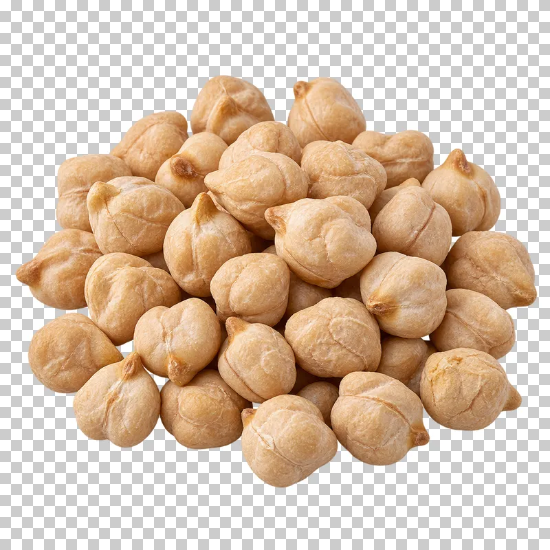 A compact portion of dried chickpeas with beige knobbly forms and wrinkled surfaces.
