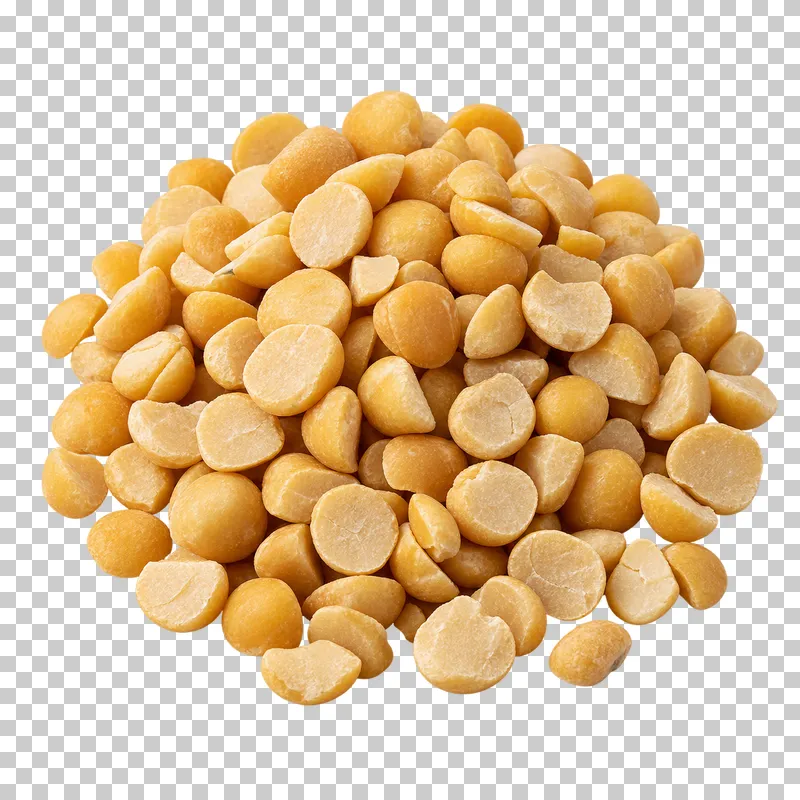 A small mound of yellow split peas with flat cut faces and rounded outer surfaces.