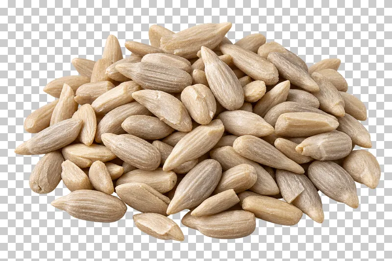 A small mound of shelled sunflower seeds with pale tapered kernels and dry ridges.