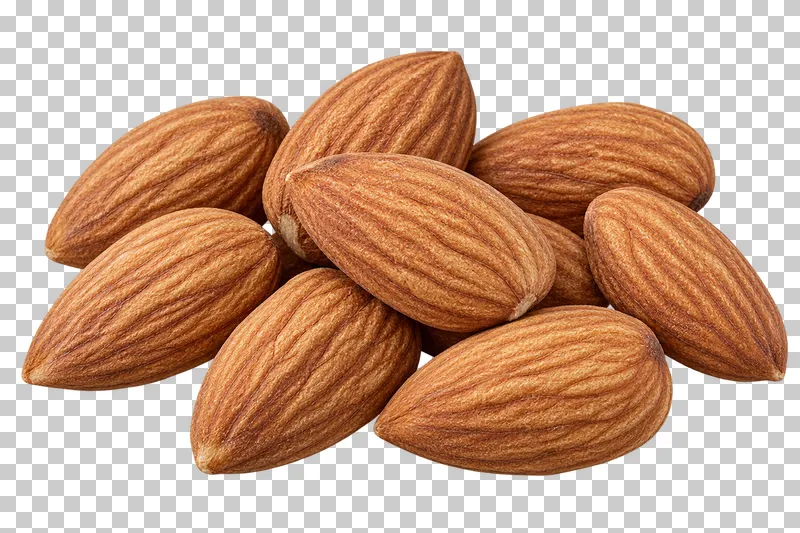 A small group of almonds with pointed brown kernels and dry lengthwise ridges.