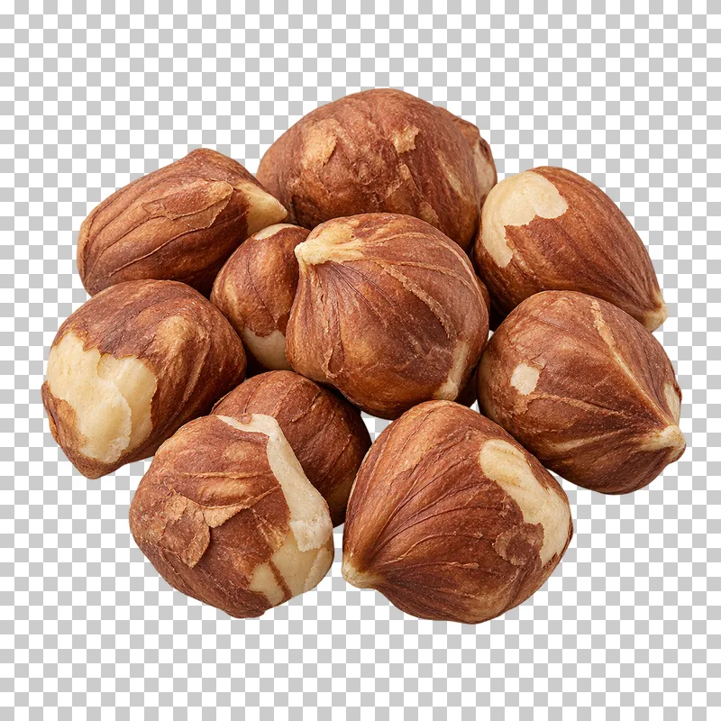 A small group of hazelnuts with rounded kernels and irregular patches of brown skin.