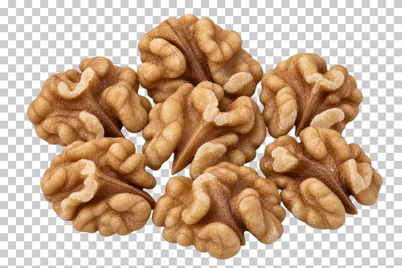 A small group of walnut halves with natural lobes, deep grooves and dry papery skins.