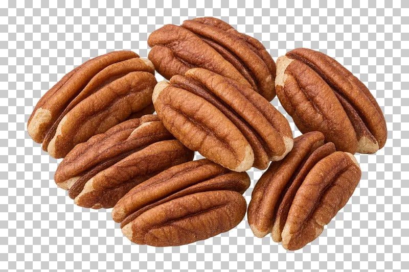 A small group of pecan halves with elongated brown kernels and deep lengthwise ridges.