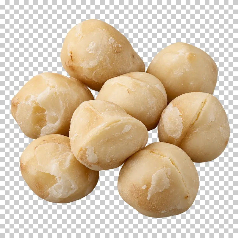 A small group of macadamia nuts with rounded cream-colored kernels and small natural chips.