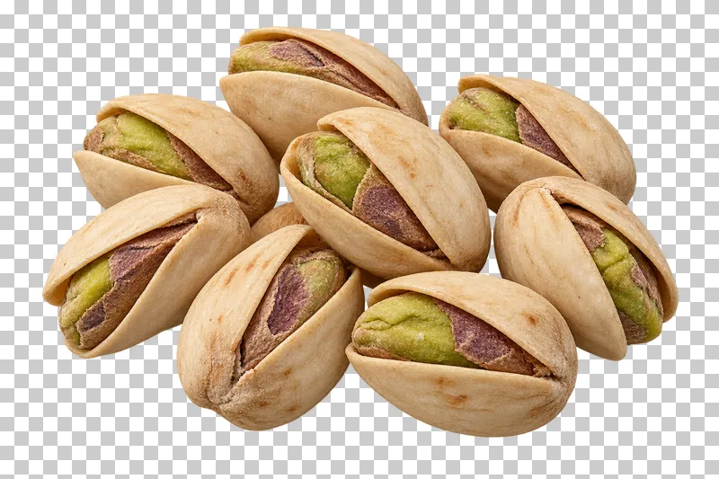 A small group of pistachios in partially open beige shells with green and purple-brown kernels.