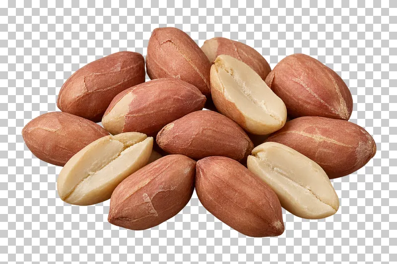 A small group of shelled peanuts with reddish skins and a few exposed ivory halves.