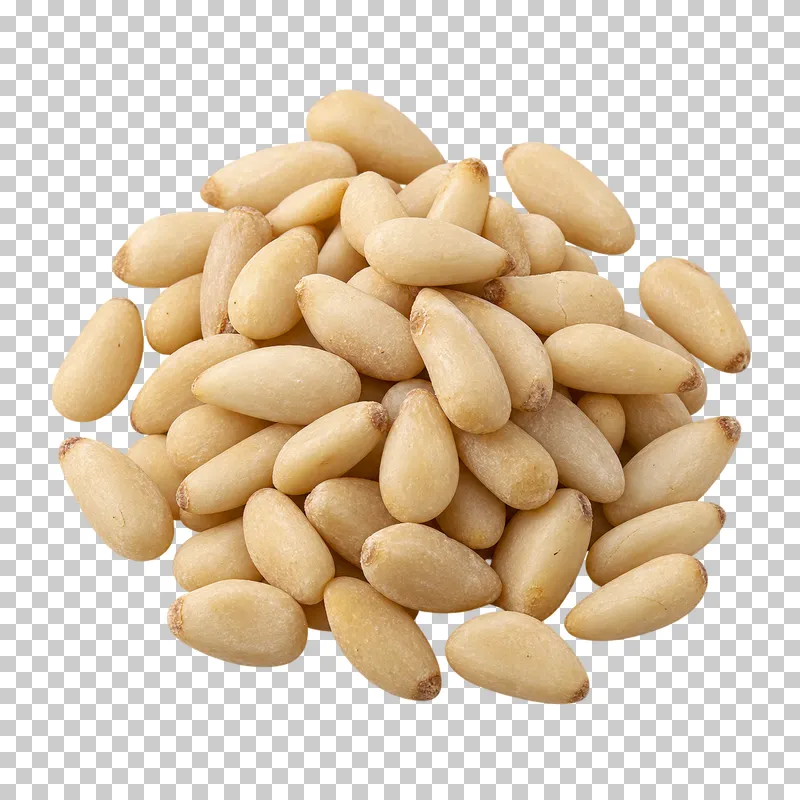 A small mound of pine nuts with tapered ivory kernels and small brown tip marks.