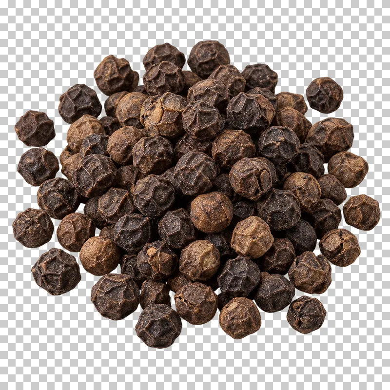 A small mound of black peppercorns with irregular rounded forms and deeply wrinkled black-brown skins.