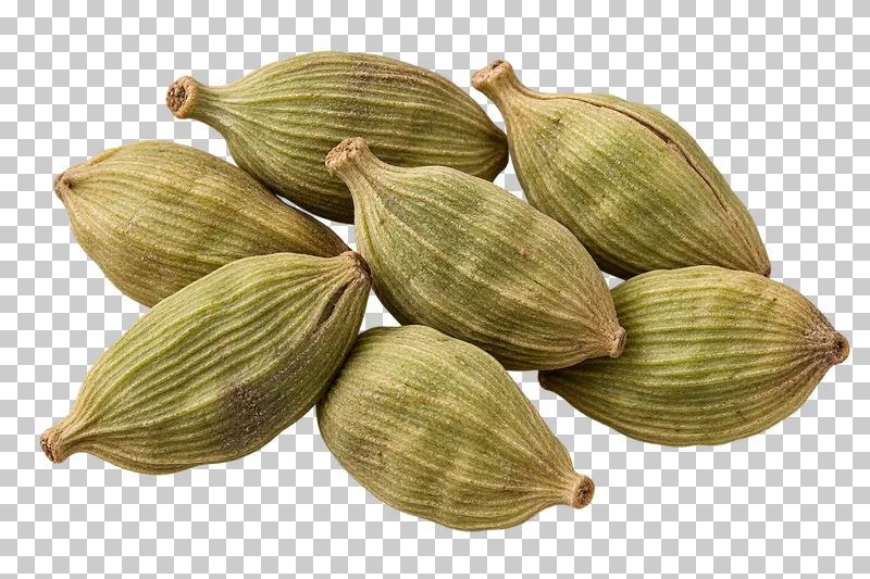 A small group of green cardamom pods with ribbed papery husks and natural seams.