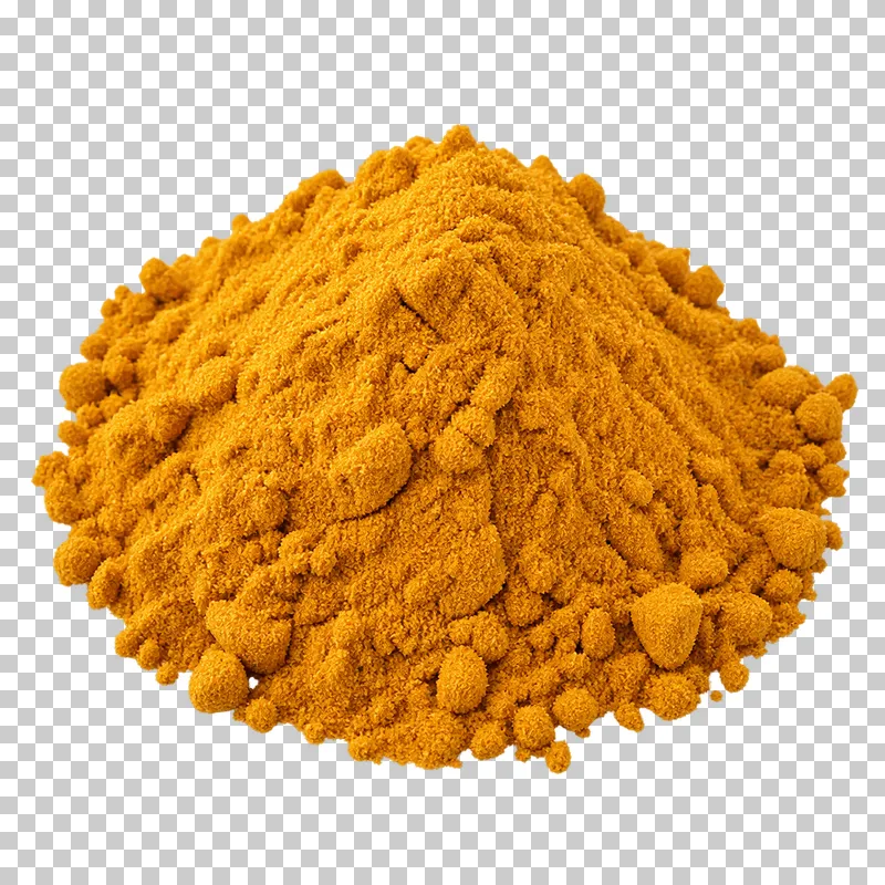 A small mound of yellow-orange ground turmeric with fine powder texture and irregular dry clumps.
