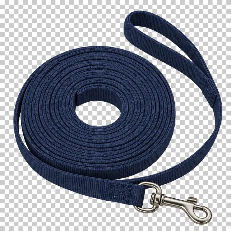 Coiled training long line in navy nylon, stainless steel swivel snap hook, photographed as a complete isolated product on a transparent background.