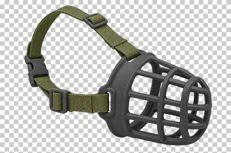 Basket muzzle in graphite rubber basket, olive nylon straps, photographed as a complete isolated product on a transparent background.