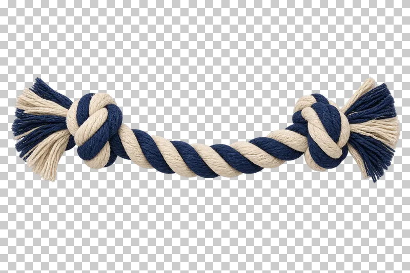 Rope tug toy in cream and navy braided rope, photographed as a complete isolated product on a transparent background.