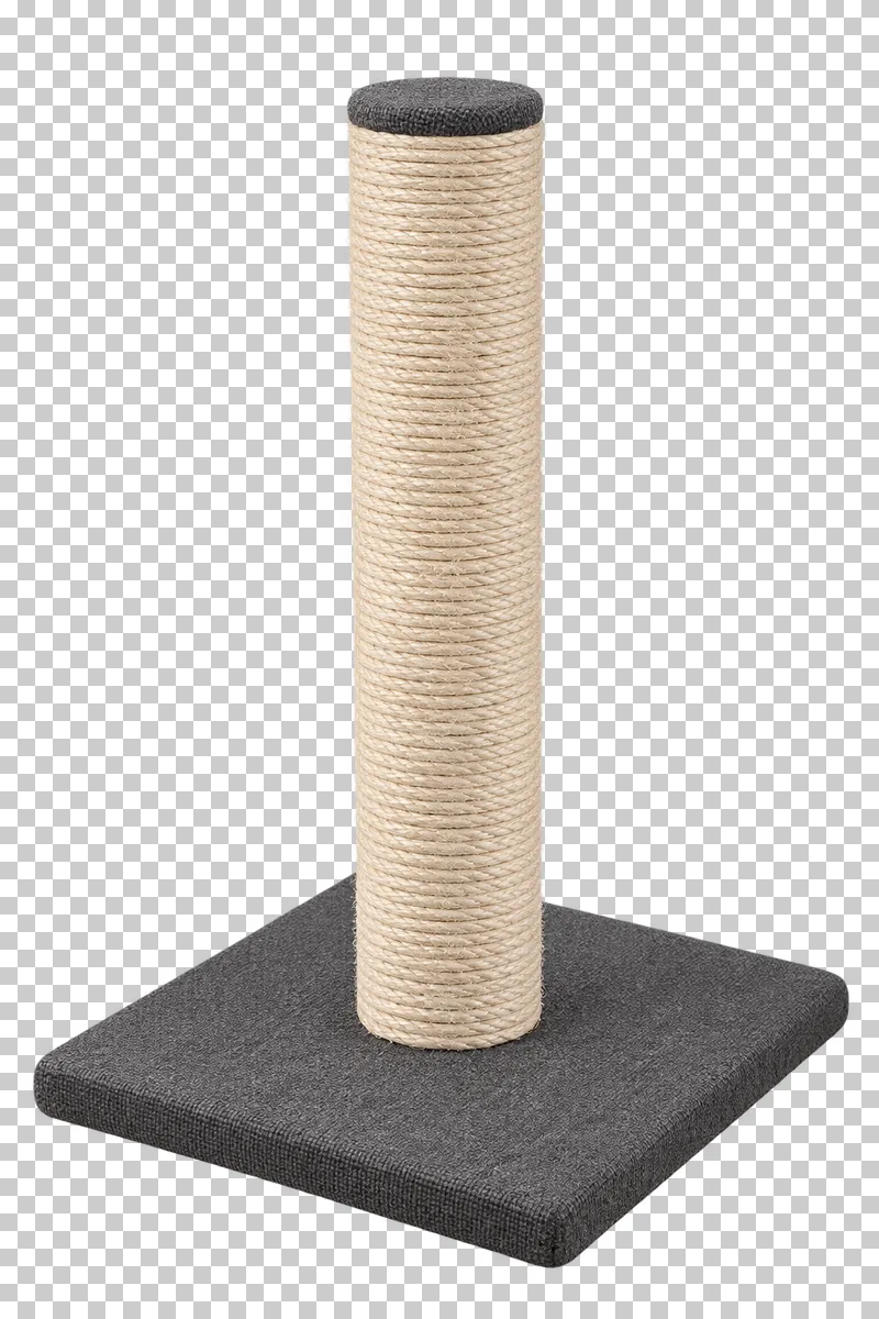 Sisal scratching post in natural cream sisal, graphite fabric base, photographed as a complete isolated product on a transparent background.
