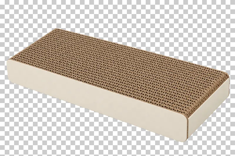 Horizontal cardboard scratcher in natural kraft cardboard, cream side panels, photographed as a complete isolated product on a transparent background.
