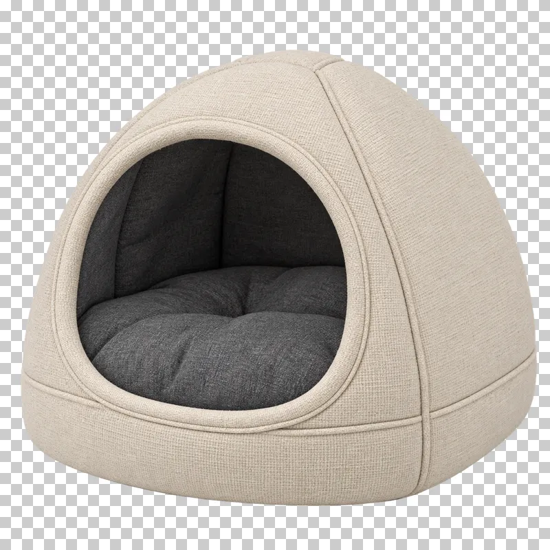 Cave cat bed in cream fabric exterior, graphite interior, photographed as a complete isolated product on a transparent background.