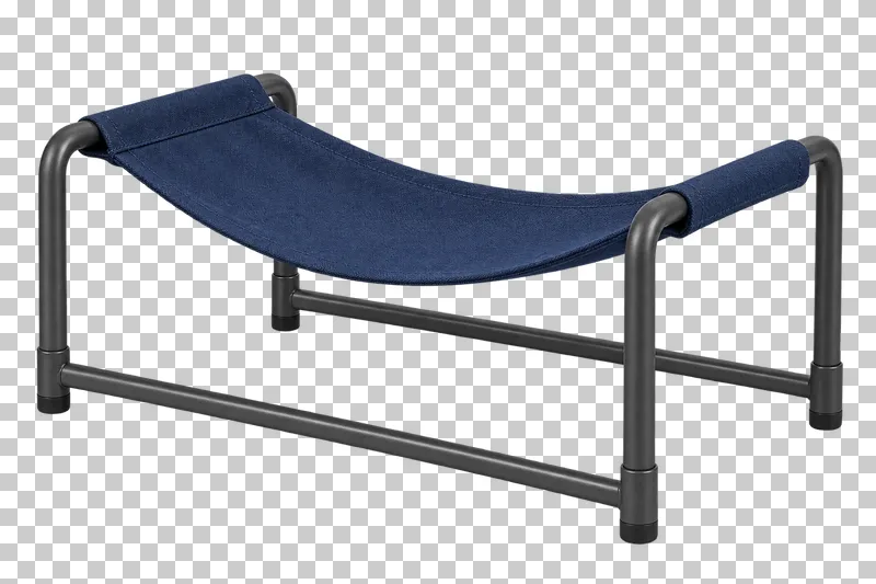 Freestanding cat hammock in navy fabric sling, graphite metal frame, photographed as a complete isolated product on a transparent background.